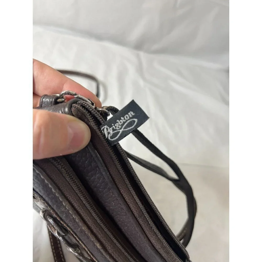 Brighton Crossbody Organizer Brown Pebbled Leather Decorative Chain Hardware